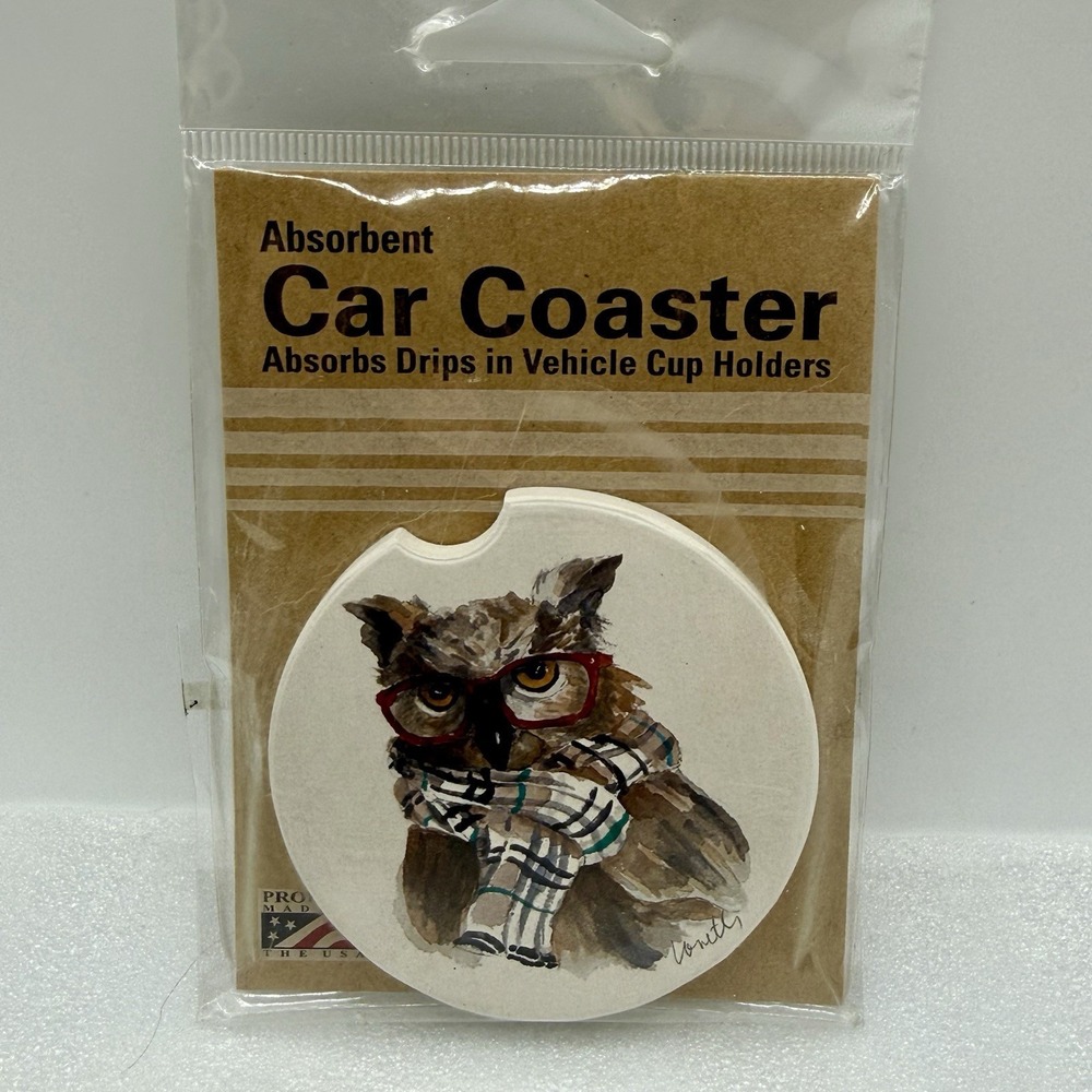 CounterArt‎ Owl With Scarf Absorbent Stoneware Car Coaster Made in USA